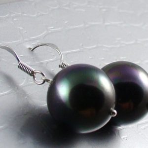 Shop Pearl Earrings! Sale round Black Pearl dangles, sterling silver earrings, 12 mm Sea Pearls, simple jewelry | Natural genuine Pearl earrings. Buy crystal jewelry, handmade handcrafted artisan jewelry for women.  Unique handmade gift ideas. #jewelry #beadedearrings #beadedjewelry #gift #shopping #handmadejewelry #fashion #style #product #earrings #affiliate #ad