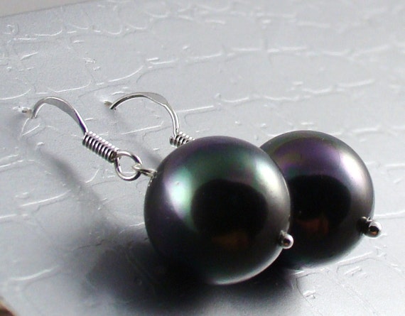 Sale Round Black Pearl Dangles, Sterling Silver Earrings, 12 Mm Sea Pearls, Simple Jewelry