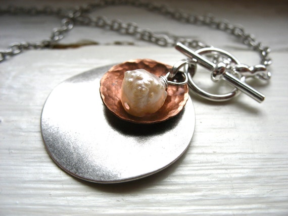 Pearl Metalwork Necklace, White Pearl Dome Oxidized Hammered Copper Silver Disk Chain Necklace, Handmade Jewelry
