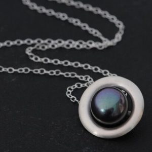 Black Pearl Necklace in Silver, Gift For Her, Tahitian Black Pearl Halo Pendant | Natural genuine Pearl pendants. Buy crystal jewelry, handmade handcrafted artisan jewelry for women.  Unique handmade gift ideas. #jewelry #beadedpendants #beadedjewelry #gift #shopping #handmadejewelry #fashion #style #product #pendants #affiliate #ad