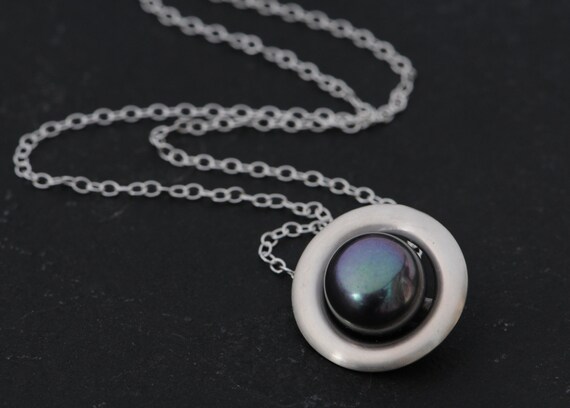 Black Pearl Pendant Necklace - Tahitian Black Pearl Halo Pendant Silver