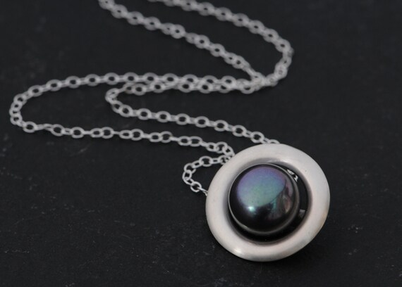 Black Pearl Necklace In Silver, Gift For Her, Tahitian Black Pearl Halo Pendant