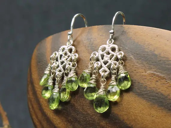 Peridot Earrings Sterling Silver Wire Wrapped Natural Lime Green Gemstones Bohemian Statement Chandeliers Mother's Day Gift For Her 6373