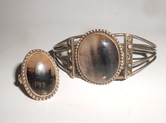 Petrified Wood Bracelet & Ring Set Navajo Moon Design Sterling Silver Handcrafted Old Pawn Jewelry Vintage