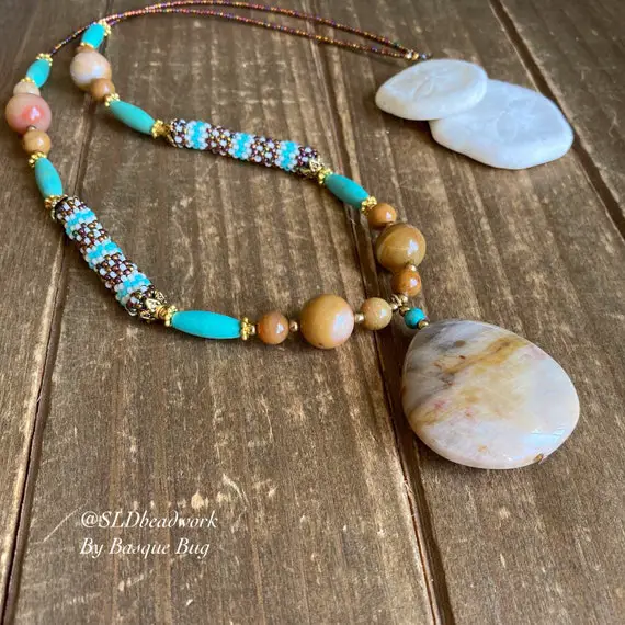 Petrified Wood Necklace Brown Native Beaded Necklace Natural Stone Blue Turquoise Peyote Necklace Boho Tribal Unique Jewelry For Women 22