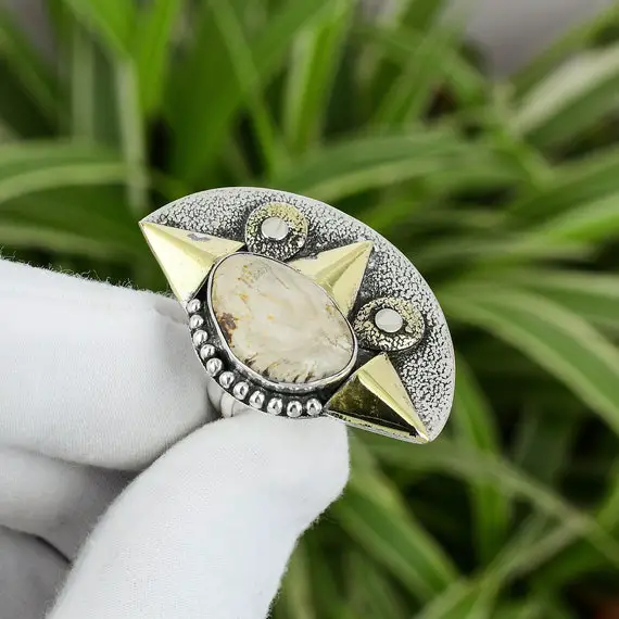 Petrified Wood Ring 925 Sterling Silver Ring Adjustable Ring 18k Gold Plated Genuine Gemstone Ring Gift For Her Handmade Women Jewelry