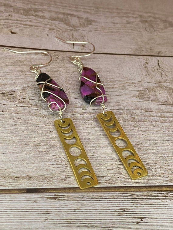 Pink Calcite/obsidian Moon Phase Earrings