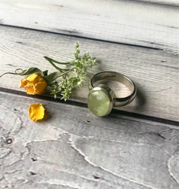 Yellow  Prehnite Size10 Sterling Silver Ring - A Stone For To Heal The Healer And Peace