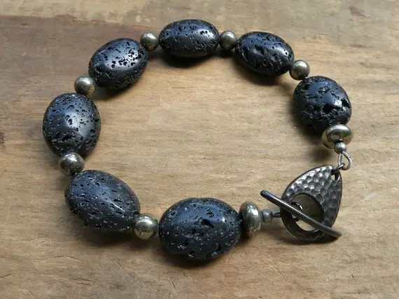 Black Lava Rock Bracelet, Chunky Unisex Basalt Lava Stone And Iron Pyrite Bead Tribal Bohemian Jewelry For Men Or Women