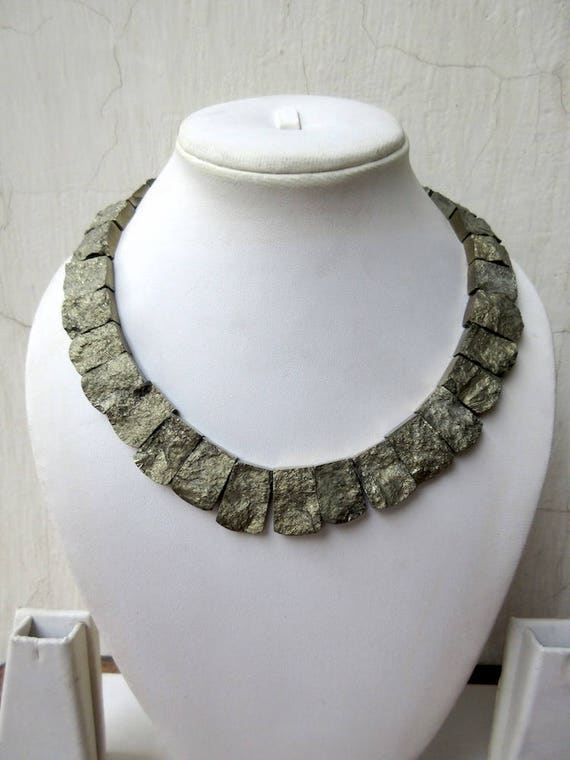 Natural Raw Pyrite Gold Layout Necklace, Bib Necklace, Cleopatra Necklace, Graduated Collar Necklace, 16x14mm To 21x14mm, 18 Inch, Gds979