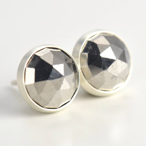 Gray Iron Pyrite Rose Cut 8mm Sterling Silver Stud Earrings Pair