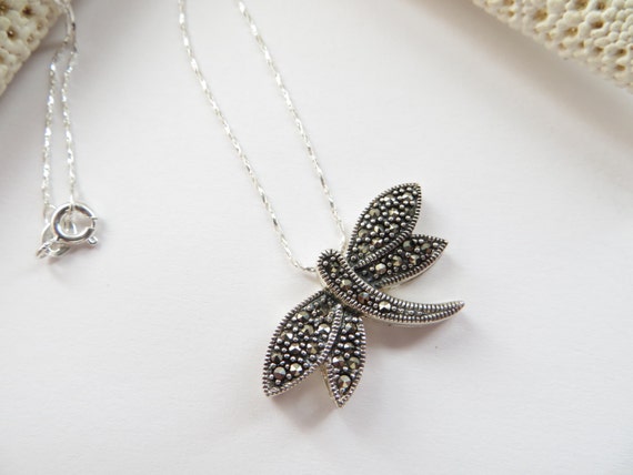 Marcasite Sterling Silver Dragonfly Necklace, 925 Sterling Silver Dragonfly Slide Necklace, Marcasite Dragonfly Pyrite Necklace
