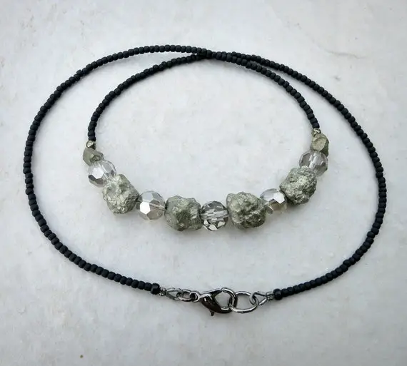 Rustic Pyrite & Crystal Necklace, Earthy Elegant  Jewelry With Raw Iron Pyrite, Sparkly Crystals And Black Beaded Chain