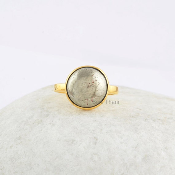 Pyrite Ring - Gold Plated Ring - 925 Solid Silver - 12mm Gemstone - Handmade Ring - Trendy Jewelry - Gift For Bridesmaid - Jewelry For A Mom