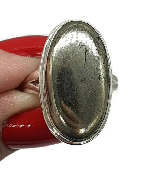 Pyrite Ring, Size 7.5, Sterling Silver, Oval Shaped, Metallic Lustre, Shiny Brass Coloured Stone, Prosperity Gemstone, Stone Of Luck