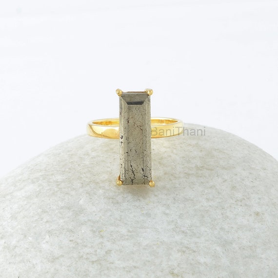 Pyrite Ring - Solid Silver - Handmade Ring - 6x18mm Rectangle - Gold Plated Ring - Trendy Jewelry  - Jewelry For Strength - Gift For Sister