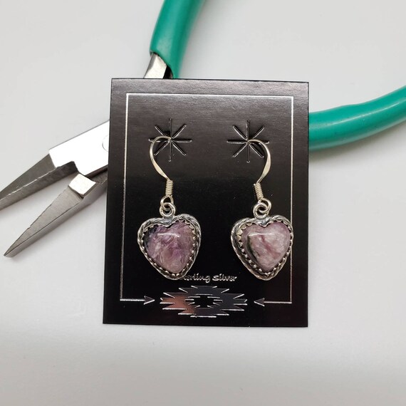 Q925 Small Heart Charoite Dangle Earrings | Sterling Silver Dangle Earrings | Charoite Heart Jewelry | Purple Charoite Earrings Made In Usa