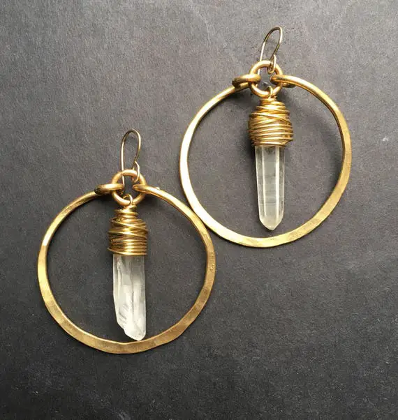 Raw Quartz Hoop Earrings / Hammered Brass / Boho / Wire Wrapped Jewelry / Statement Earrings / Healing Crystal Daniellerosebean Dangle Hoops