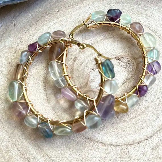 Rainbow Fluorite Earrings Large Hoop Crystal Healing  Jewellery Natural Stone Gemstone Jewelry
