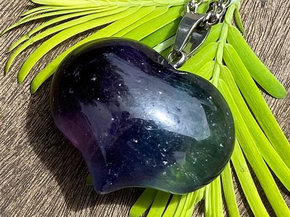 Rainbow Fluorite Puffy Heart Healing Stone Necklace For Capricorns, Aries, Pisces And The Heart, Throat, Brow And Crown Chakras !