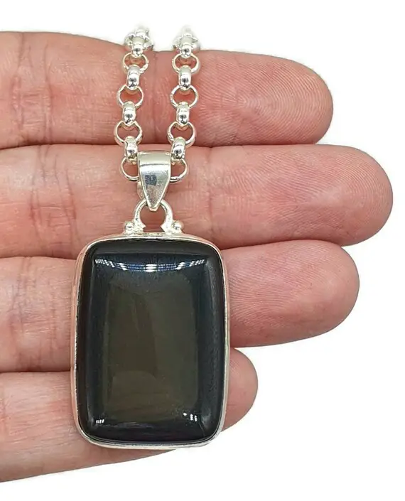 Rainbow Obsidian Pendant, Sterling Silver, Rectangle Shaped, Volcanic Gemstone, Activates Root Chakra, Heals A Broken Heart, Offers Support