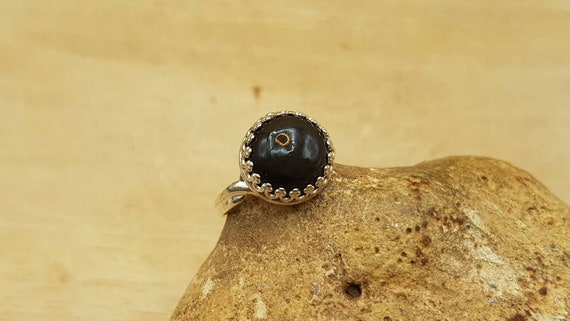 Rainbow Obsidian Adjustable Ring. Reiki Jewelry Uk. Black Semi Precious Stone 12mm. 925 Sterling Silver Rings For Women
