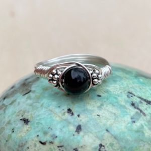 Shop Rainbow Obsidian Rings! Rainbow Obsidian Sterling Silver Crystal Wire Wrap Beaded Gemstone Ring, Black Wrap Ring | Natural genuine Rainbow Obsidian rings, simple unique handcrafted gemstone rings. #rings #jewelry #shopping #gift #handmade #fashion #style #affiliate #ad