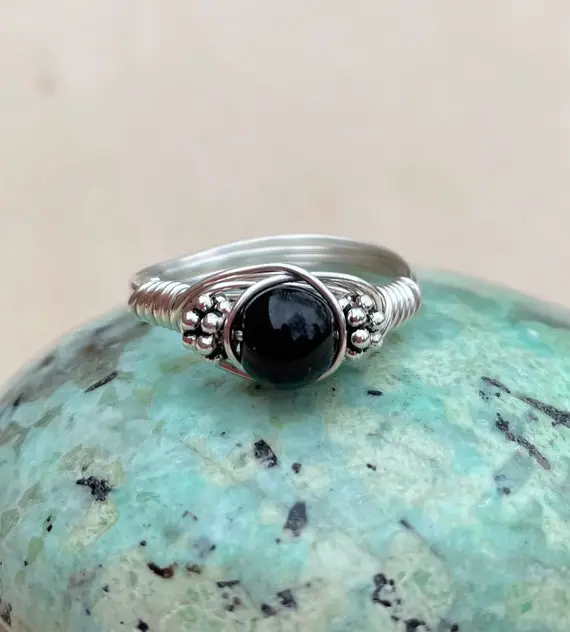 Rainbow Obsidian Sterling Silver Crystal Wire Wrap Beaded Gemstone Ring, Black Wrap Ring