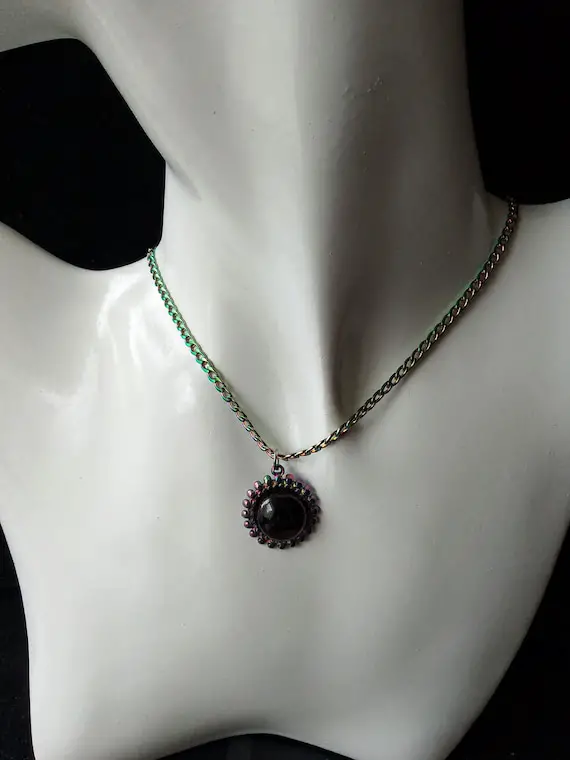 Rainbow Stainless Steel Natural Black Obsidian Necklace