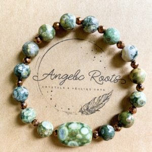 Shop Rainforest Jasper Jewelry! Rainforest Jasper & Copper Beaded Bracelet || Reiki Infused | Natural genuine Rainforest Jasper jewelry. Buy crystal jewelry, handmade handcrafted artisan jewelry for women.  Unique handmade gift ideas. #jewelry #beadedjewelry #beadedjewelry #gift #shopping #handmadejewelry #fashion #style #product #jewelry #affiliate #ad
