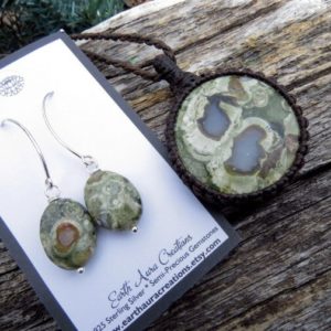 Rainforest Jasper necklace and earring set, jasper pendant, rhyolite earrings, sterling silver gemstone earrings, macame necklace | Natural genuine Rainforest Jasper earrings. Buy crystal jewelry, handmade handcrafted artisan jewelry for women.  Unique handmade gift ideas. #jewelry #beadedearrings #beadedjewelry #gift #shopping #handmadejewelry #fashion #style #product #earrings #affiliate #ad