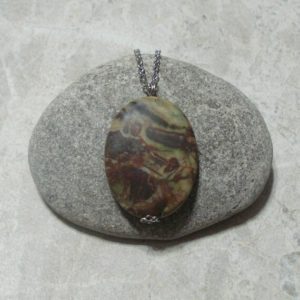 Shop Rainforest Jasper Necklaces! Rainforest Jasper Necklace Steel Chain  Large Oval 011 | Natural genuine Rainforest Jasper necklaces. Buy crystal jewelry, handmade handcrafted artisan jewelry for women.  Unique handmade gift ideas. #jewelry #beadednecklaces #beadedjewelry #gift #shopping #handmadejewelry #fashion #style #product #necklaces #affiliate #ad