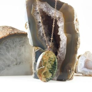 Rainforest Jasper Necklace with Rose Gold Chain – Green Rhyolite Necklace – Rainforest Jasper Pendant on Rose Gold-Plated – Rhyolite Pendant | Natural genuine Rainforest Jasper necklaces. Buy crystal jewelry, handmade handcrafted artisan jewelry for women.  Unique handmade gift ideas. #jewelry #beadednecklaces #beadedjewelry #gift #shopping #handmadejewelry #fashion #style #product #necklaces #affiliate #ad