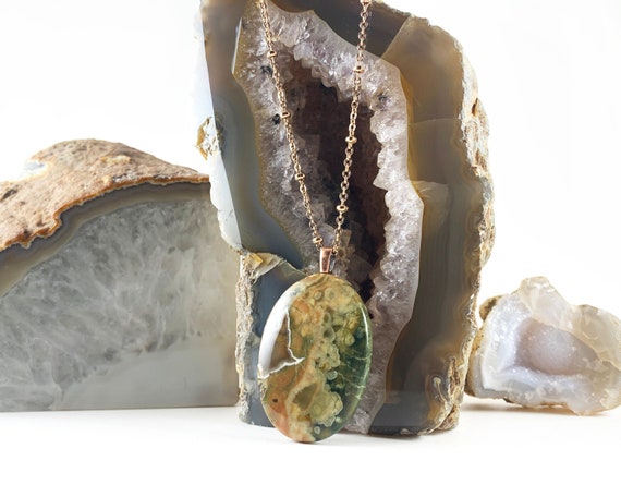 Rainforest Jasper Necklace With Rose Gold Chain - Green Rhyolite Necklace - Rainforest Jasper Pendant On Rose Gold-plated - Rhyolite Pendant