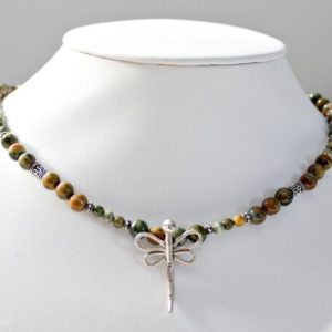 Rainforest Jasper Necklace, Silver Dragonfly Necklace, Mothers Day For Wife,50th Birthday Gift For Women,Mothers Day Gift From Daughter | Natural genuine Rainforest Jasper necklaces. Buy crystal jewelry, handmade handcrafted artisan jewelry for women.  Unique handmade gift ideas. #jewelry #beadednecklaces #beadedjewelry #gift #shopping #handmadejewelry #fashion #style #product #necklaces #affiliate #ad