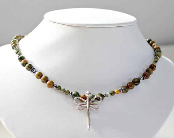 Rainforest Jasper Necklace, Silver Dragonfly Necklace, Mothers Day For Wife,50th Birthday Gift For Women,mothers Day Gift From Daughter