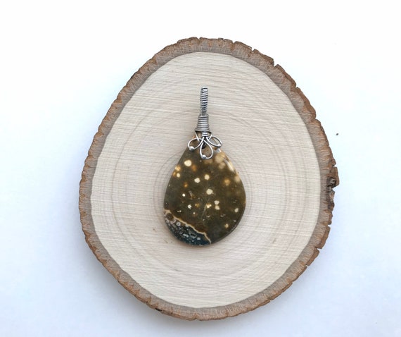Rainforest Jasper Pendant Necklace; Wire Wrapped Stone Necklace; J278