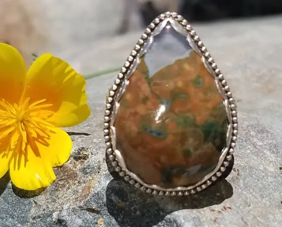 Rainforest Jasper Ring In Sterling Silver. Cabochon Has A Crystal Intrusion. Heart-themed Ring Band. Made In California, Usa Size Us 10 1/2