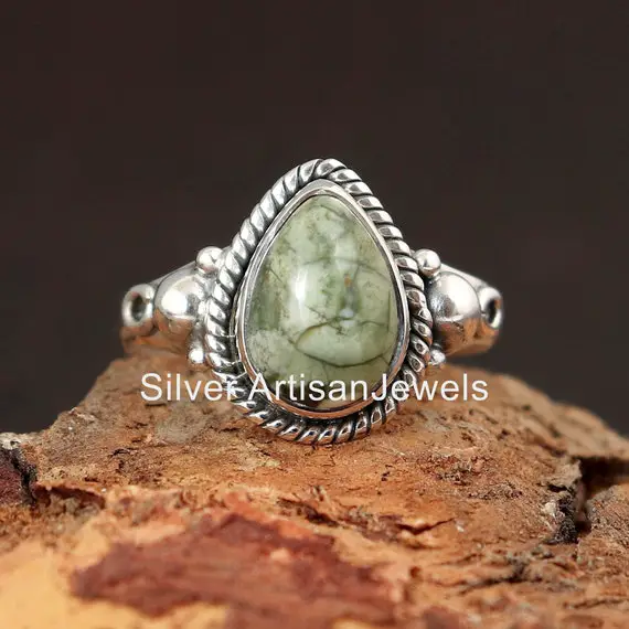 Rainforest Jasper Ring/ Sterling Silver Ring/ 7x10 Mm Pear Gemstone Ring/ Natural Gemstone Ring/ Handmade Ring/valentines Gift/ Promise Ring