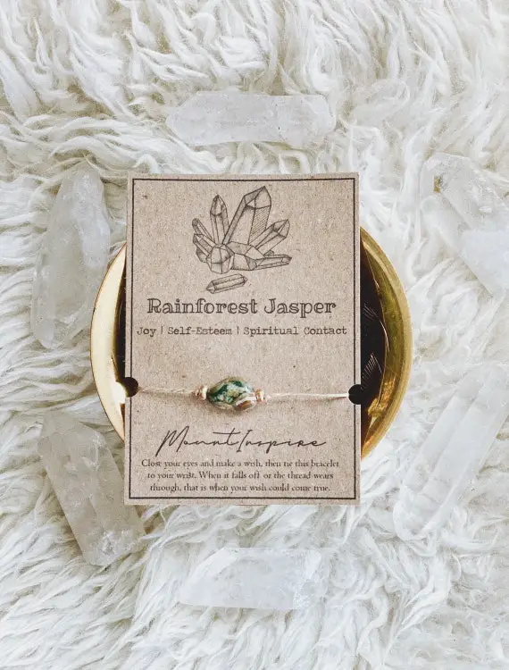 Rainforest Jasper Crystal Wish Bracelet, Hemp Cord Jewelry, Agate, Healing Crystals, Eco-friendly Gift, Minimalist Design, Gold Glass Beads