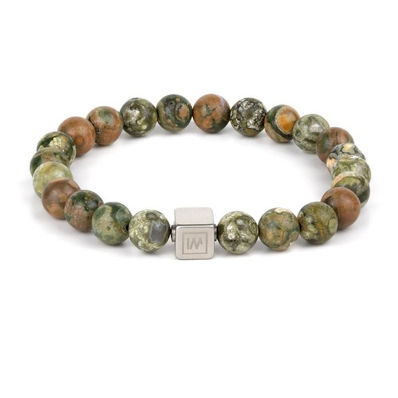 Rainforest Rhyolite Jasper Beaded Stretch Bracelet Men's Men Premium Stone Beads Green Bracelet Gift For Him Made In Europe 8mm Beads
