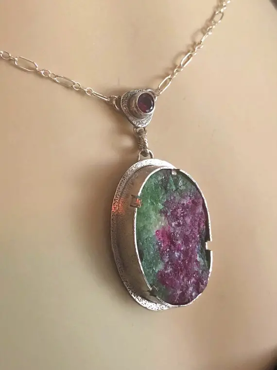 Amazing Raw Crystalline Ruby In Zoisite Pendant Set In Sterling Silver, Sterling Silver Chain Necklace - Handcrafted Pendant, Organic Design