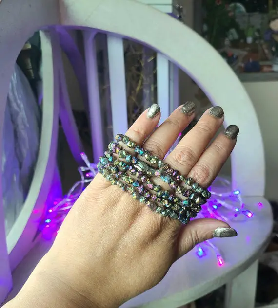 Raw Rainbow Aura Quartz Bracelet, Crystal Healing Bracelet