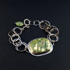 Shop Rainforest Jasper Jewelry! Raw recycled silver chain bracelet, rustic links with strong texture, big jasper bracelet, Rich oxidized contrast with adjustable length | Natural genuine Rainforest Jasper jewelry. Buy crystal jewelry, handmade handcrafted artisan jewelry for women.  Unique handmade gift ideas. #jewelry #beadedjewelry #beadedjewelry #gift #shopping #handmadejewelry #fashion #style #product #jewelry #affiliate #ad