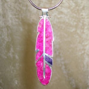 Shop Pink Calcite Jewelry! REVERSIBLE Stone Inlay Feather Pendant – Pink Calcite, Sugilite, and Sterling Silver | Natural genuine Pink Calcite jewelry. Buy crystal jewelry, handmade handcrafted artisan jewelry for women.  Unique handmade gift ideas. #jewelry #beadedjewelry #beadedjewelry #gift #shopping #handmadejewelry #fashion #style #product #jewelry #affiliate #ad