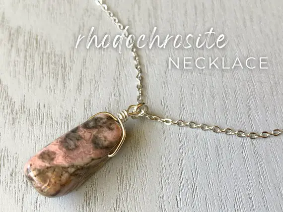 Rhodochrosite Necklace Silver Or Gold Pink Stone Pendant Necklace, Rhodochrosite Jewelry, Heart Chakra Necklace, Crystal Necklace For Her