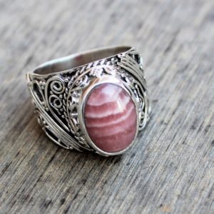 Shop Rhodochrosite Rings! Rhodochrosite Ring, sterling silver Jewelry, gift for her, Natural Rhodochrosite, Crystal gemstone Jewelry, Handmade Victorian Style ring | Natural genuine Rhodochrosite rings, simple unique handcrafted gemstone rings. #rings #jewelry #shopping #gift #handmade #fashion #style #affiliate #ad