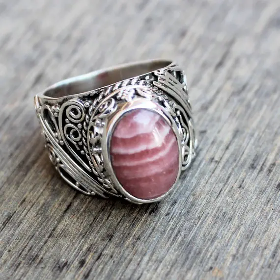 Rhodochrosite Ring, Sterling Silver Jewelry, Gift For Her, Natural Rhodochrosite, Crystal Gemstone Jewelry, Handmade Victorian Style Ring
