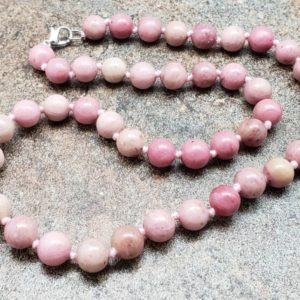 Shop Rhodonite Jewelry! Pink Rhodonite Hand Knotted Necklace with Lobster Claw Clasp | Natural genuine Rhodonite jewelry. Buy crystal jewelry, handmade handcrafted artisan jewelry for women.  Unique handmade gift ideas. #jewelry #beadedjewelry #beadedjewelry #gift #shopping #handmadejewelry #fashion #style #product #jewelry #affiliate #ad
