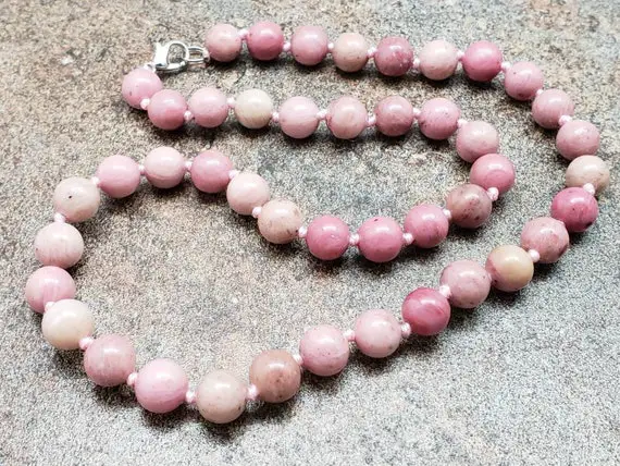 Pink Rhodonite Hand Knotted Necklace With Lobster Claw Clasp